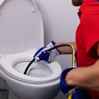 plumber unclogging blocked toilet