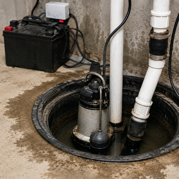 sump pump in a damp basement